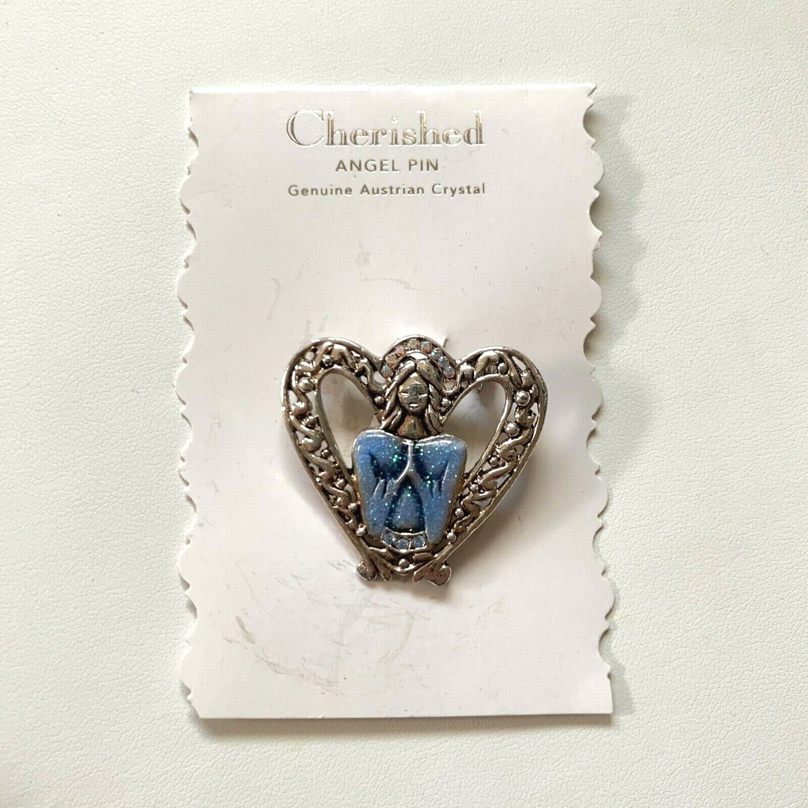 Cherished Angel Pin Aai Signed Heart Shape Silver Tone Genuine Austrian Crystal 10$